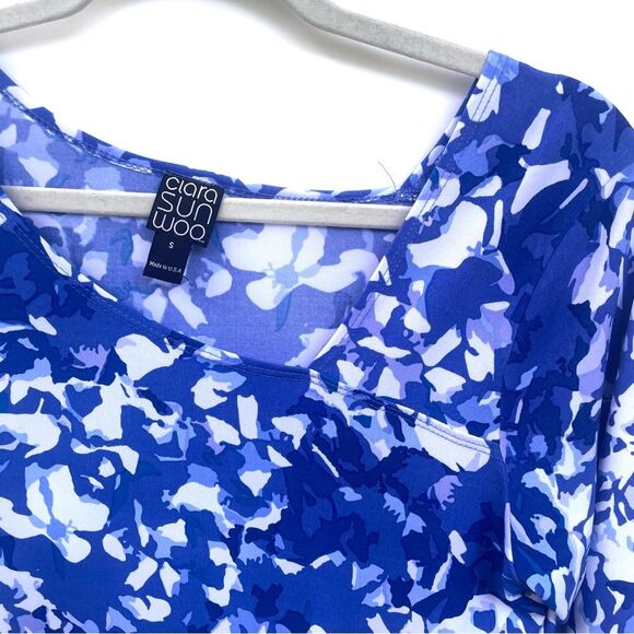 Clara sun woo Blue Abstract Floral Tunic Top 3/4 Sleeve - Picture 5 of 9